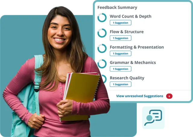 College student holding notebooks smiling, with Packback Writing Lab AI feedback summary showing suggestions for word count, flow, grammar, and research quality.