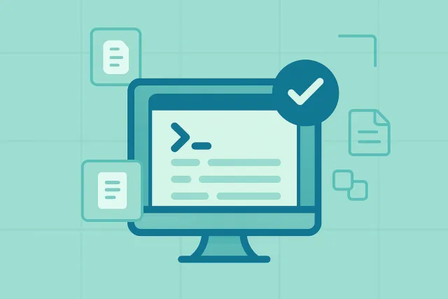 An image of a computer monitor displaying terminal-style code and a large checkmark symbol, surrounded by floating document and folder icons, all set against a light teal grid-patterned background -- communicating successful access to a prompt library.