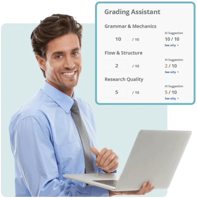 Packback Grading Assistant interface showing AI-suggested scores for grammar, flow, and research quality alongside a faculty member reviewing student work on a laptop.