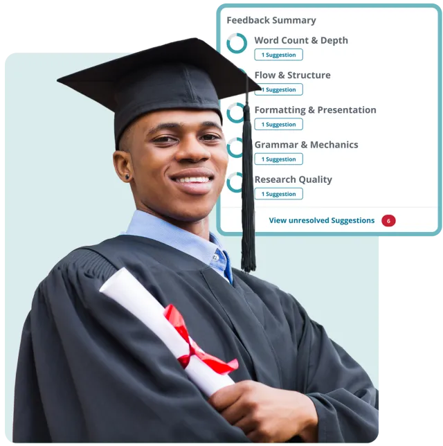 College graduate in cap and gown holding a diploma alongside Packback's AI writing feedback summary showing suggestions for word count, flow, grammar, and research quality.