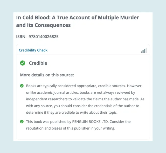 AI research assistant displaying source credibility feedback for a cited book, including publication details and guidance on evaluating the reliability of the source.