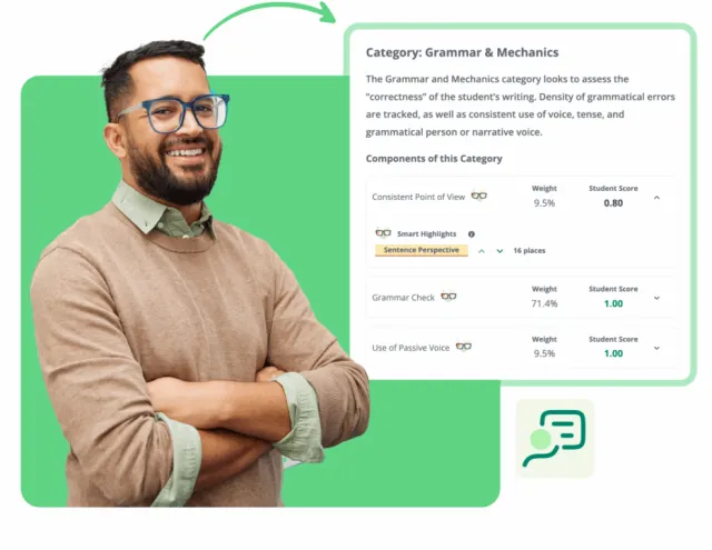Smiling man with glasses next to Packback's Writing Lab Assistant showing grammar and mechanics feedback.