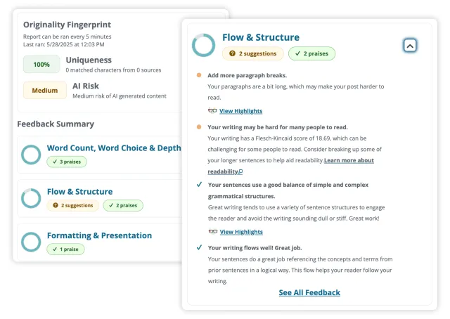 Screenshot of Packback's writing feedback dashboard, showing originality, AI risk, and suggestions for flow and structure.