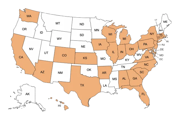 Map of the United States highlighting states where Packback offers remote job opportunities, allowing candidates to explore hiring availability by location.