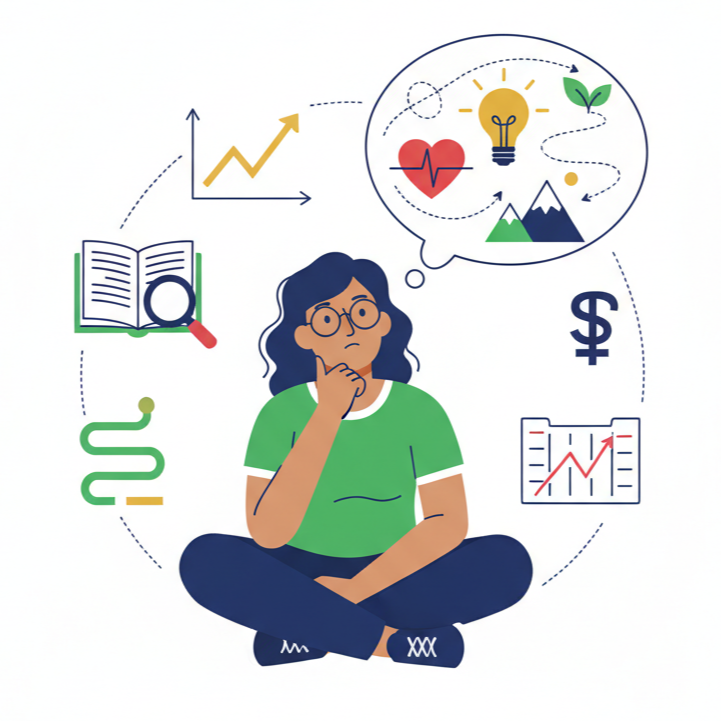 Illustration of a person sitting in contemplation, surrounded by symbols of learning, finance, growth, and personal reflection (heart, lightbulb, mountains), signifying the infusion of personal experience and reflection into AI-proof assignments.
