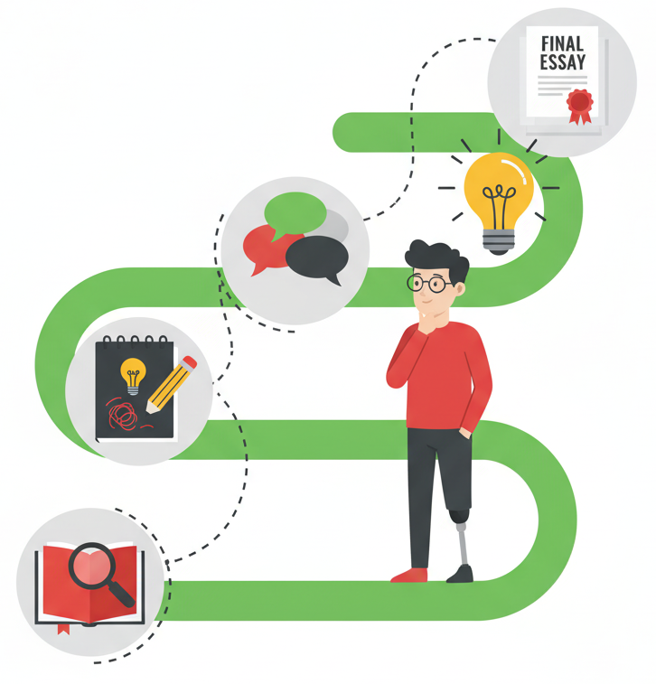 Illustration depicting a student contemplating a winding path from research (magnifying glass on book) through ideation (notebook), discussion (chat bubbles), and concept development (lightbulb), leading to a final essay, emphasizing the process for AI-resilient assignments.