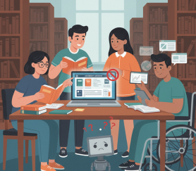 Illustration of diverse students collaborating around a table in a library with laptops, books, and small AI robots assisting, demonstrating positive student collaboration with AI while maintaining academic integrity.
