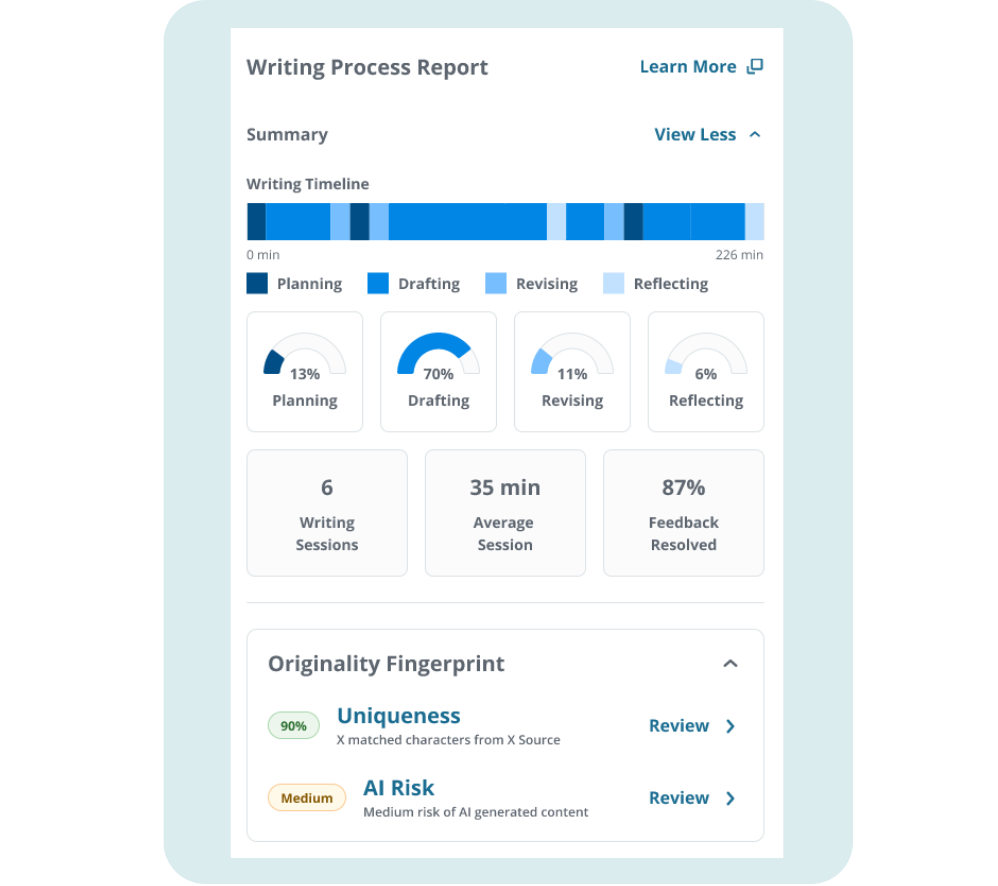 An image showcasing Packback's writing process report