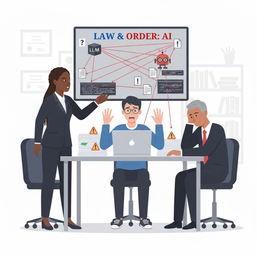 An illustration showing a distressed student facing a faculty member pointing at a flawed 'LLM AI + Plagiarism Detector' screen, with a dejected university administrator witnessing the false accusation, symbolizing the ethical and reputational risks of generic AI tools in higher education