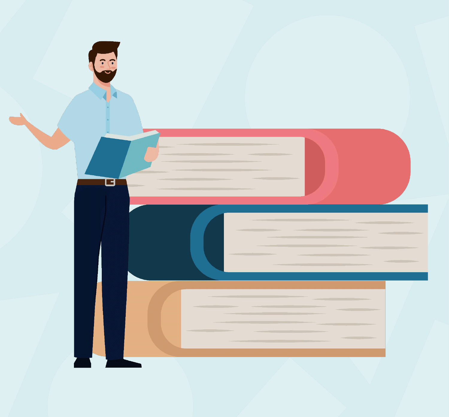 illustred stack of giant books next to an educator holding a book to demonstrate ways teachers can use AI