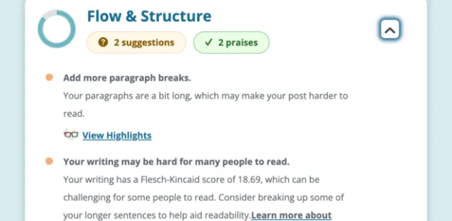 AI-powered writing feedback showing suggestions for flow, structure, and grammar to scaffold the student writing process in real-time