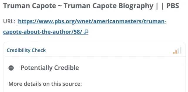 Packback AI Research Assistant evaluating a source for credibility, showing a credibility check result and source details, illustrating real-time feedback and automatic APA or MLA citation support for student research.