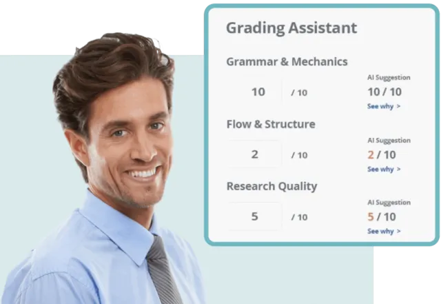 Packback's AI grading assistant suggesting rubric scores for grammar and structure, allowing instructors to focus on content-specific feedback.