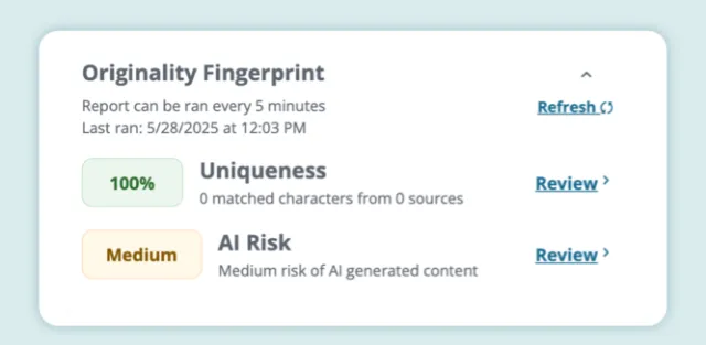 Packback Originality Fingerprint interface showing 100% uniqueness and AI Risk detection to foster ethical writing habits in K-12 students.