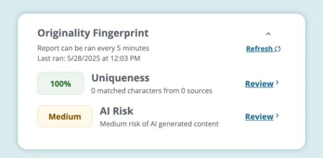 Packback Originality interface displaying an AI Risk report and Fingerprint analysis to help students ensure academic integrity before submission.
