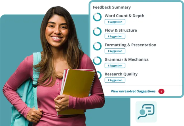 Student using an AI writing feedback platform to review suggestions on grammar, structure, and research quality.
