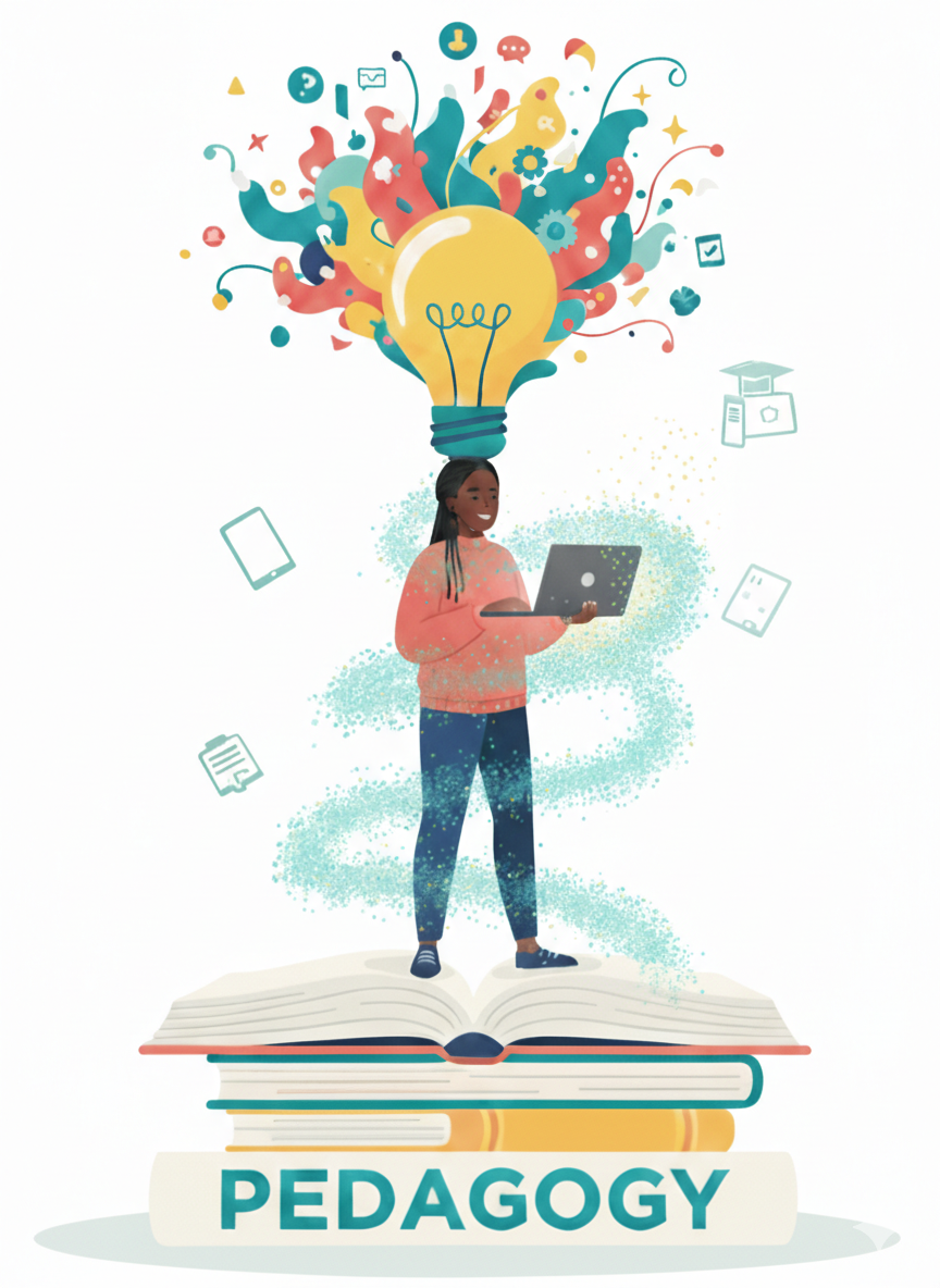 llustration of a student standing on stacked books labeled pedagogy while using a laptop, with a glowing lightbulb and swirling academic icons above, representing responsible AI use in higher education grounded in learning science and instructional design.