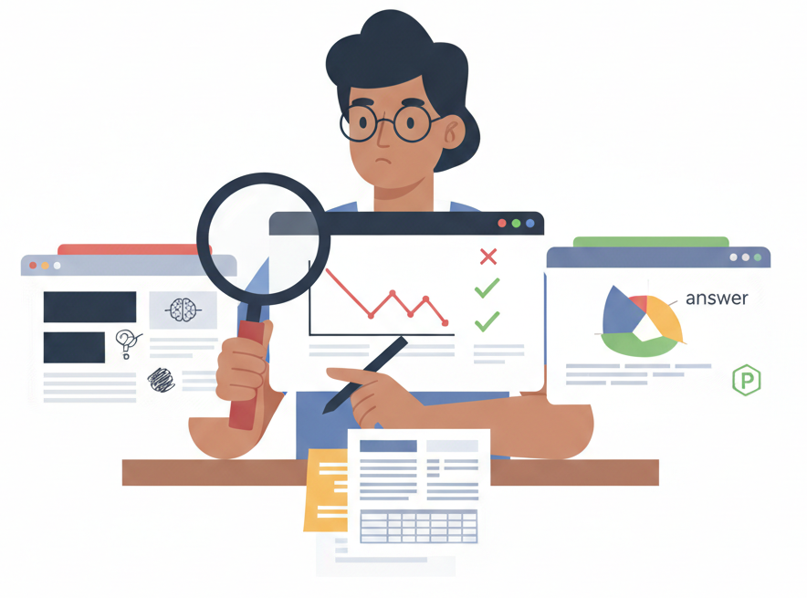  Illustration of a person with a magnifying glass examining various data, charts, and AI-generated outputs on screens, representing the critical analysis of AI outputs to prevent cognitive offloading in educational settings.