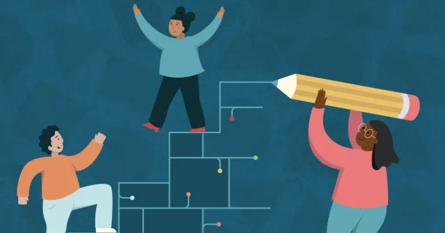 Three students illustrated around a scaffolded staircase — one climbing, one celebrating at the top, one lifting a giant pencil — representing self-regulated learning and writing growth