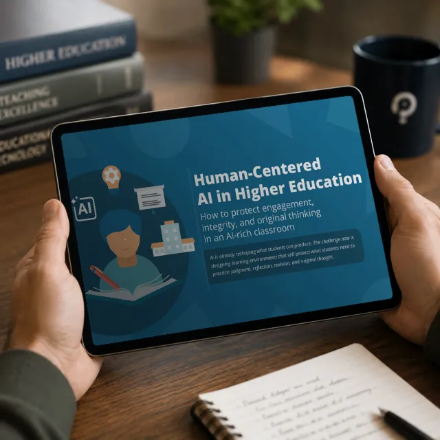 Cover page of the ebook Human-Centered AI in Higher Education: How to Protect Engagement, Integrity, and Original Thinking in an AI-Rich Classroom. The design features a blue geometric background with a large illustration of a student writing in an open book beside icons representing artificial intelligence, ideas, and higher education. The subtitle explains that while AI is changing what students can produce, educators must intentionally design learning environments that preserve judgment, reflection, revision, and original thinking. The cover emphasizes a human-centered approach to AI in higher education focused on engagement, academic integrity, and critical thinking.