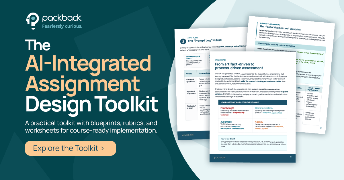 Packback AI-Integrated Assignment Design Toolkit with ready-to-use assignment blueprints, process rubrics, and a goal-setting worksheet for rigorous AI-integrated coursework.