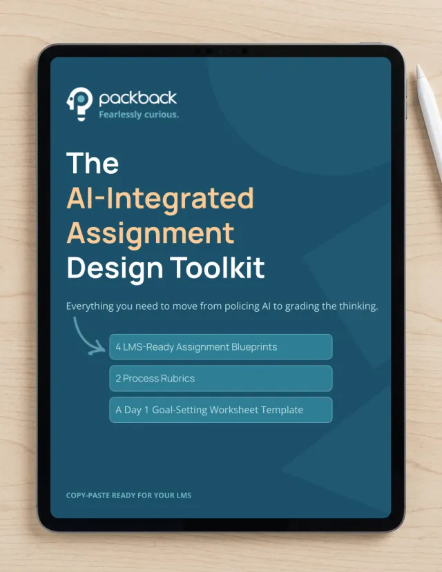 Packback AI-Integrated Assignment Design Toolkit shown on a tablet beside a stylus, featuring assignment blueprints, process rubrics, and a Day 1 worksheet