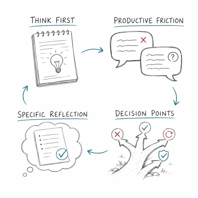 Hand-drawn four-step cycle showing how AI Integrated Assignments work: Think First, Productive Friction, Decision Points, and Specific Reflection, connected by teal arrows.