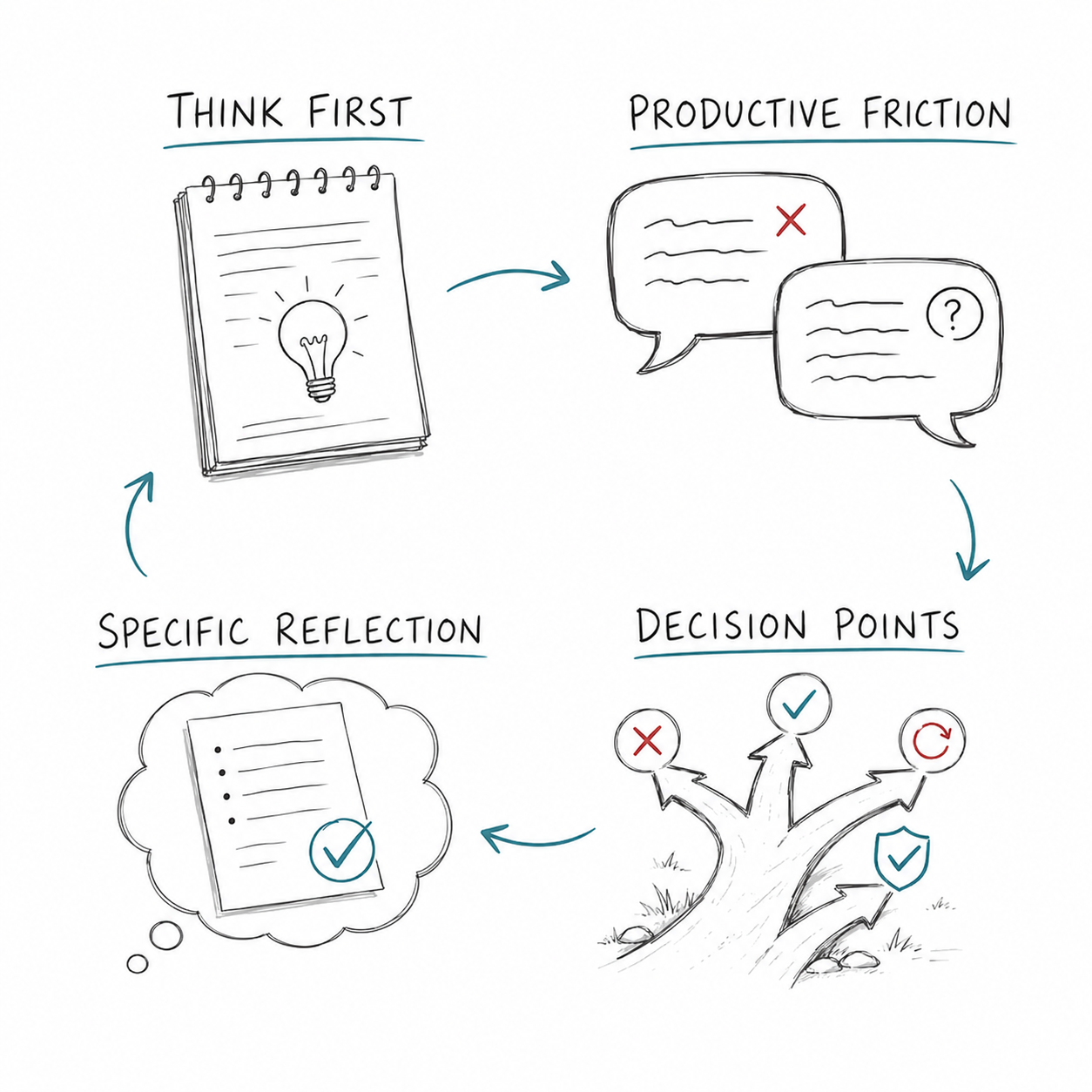 Hand-drawn four-step cycle showing how AI Integrated Assignments work: Think First, Productive Friction, Decision Points, and Specific Reflection, connected by teal arrows.