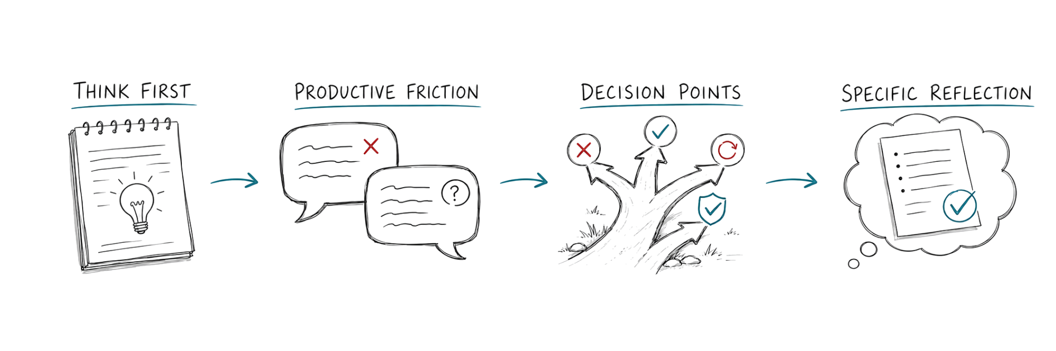 Hand-drawn four-steps showing how AI Integrated Assignments work: Think First, Productive Friction, Decision Points, and Specific Reflection, connected by teal arrows.