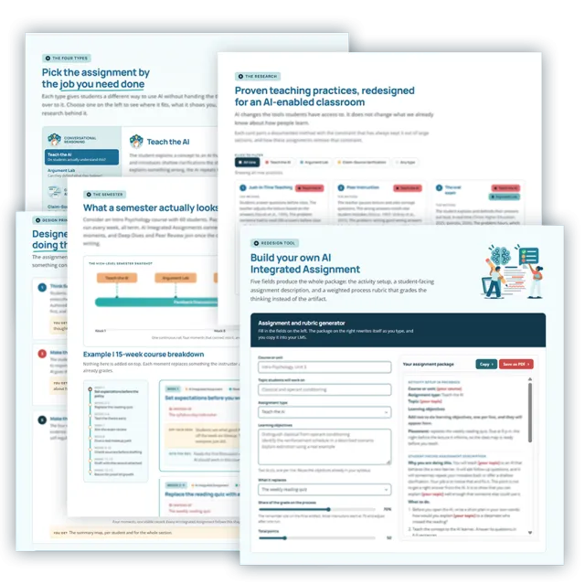 Collage of sections from Packback’s Practitioner’s Guide to AI Integrated Assignments, including assignment types, research, semester planning, design principles, and an assignment builder.