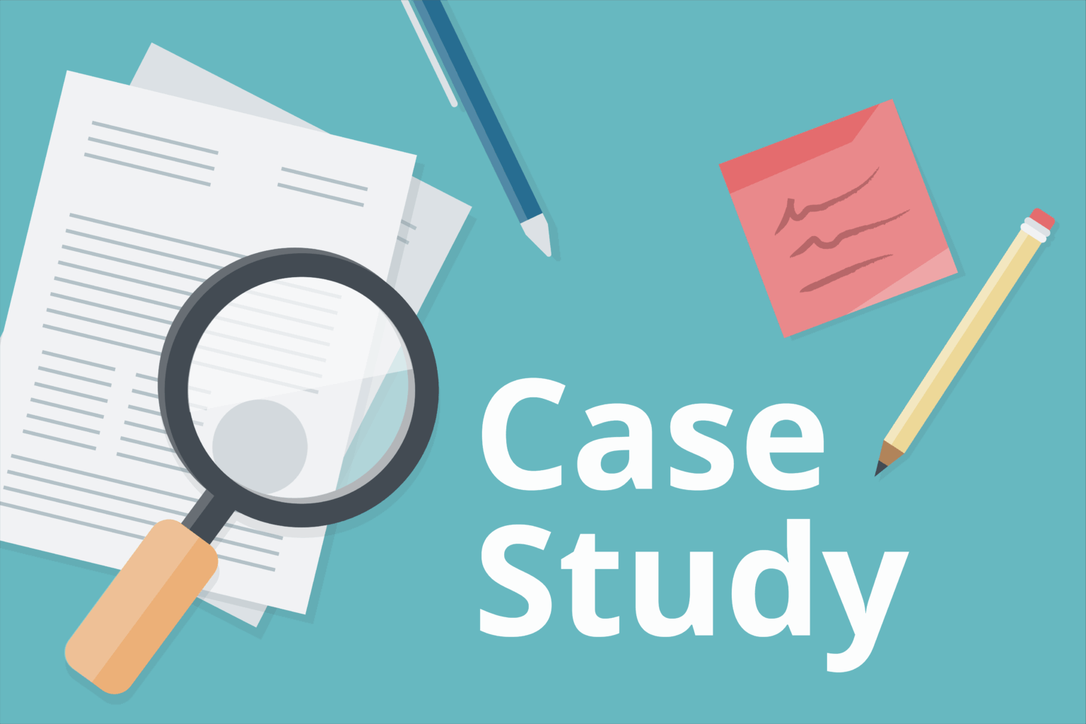 Blog_CaseStudy Over head view of a papers with a magnifying glass over them, a post-it note, pen, and pencil that says "Case Study"