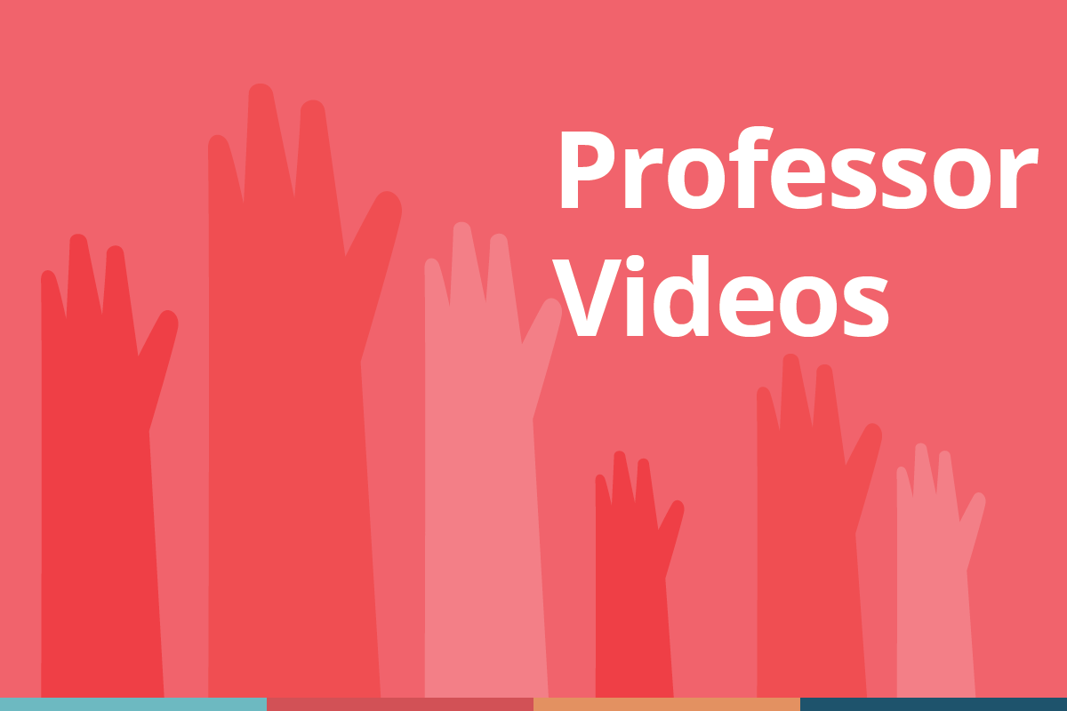 Decorative cover image in shades of red for "professor videos" which shows illustrated student hands raised in questioning, with the title "Professor Stories" in text
