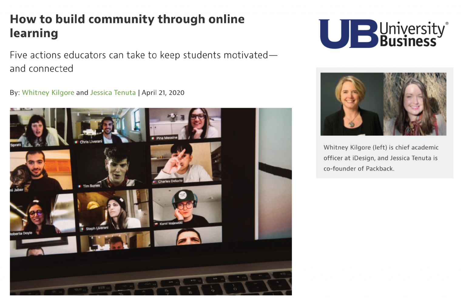 UB-cover Screenshot of University Business article, "How to Create Community through Online Learning"