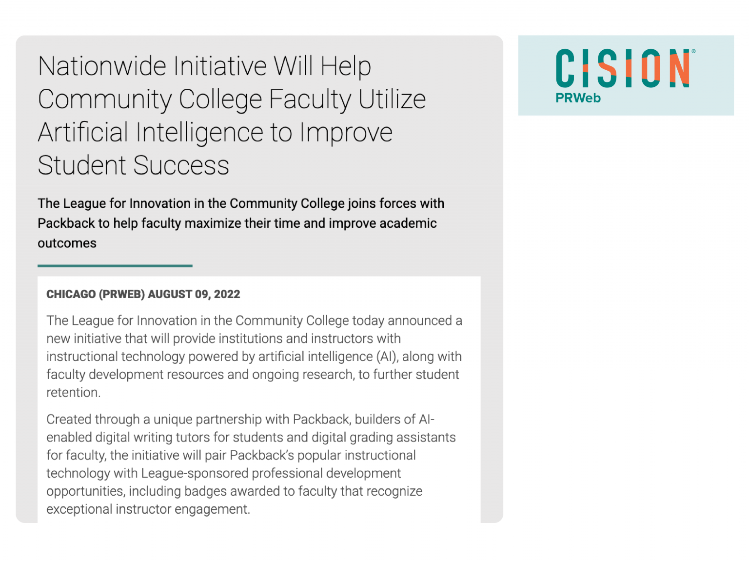 packback_blog_cision_0812_featured title page of article from cision website. title reads "Nationwide Initiative Will Help Community College Faculty Utilize Artificial Intelligence to Improve Student Success". cision prnews logo to the right of title.