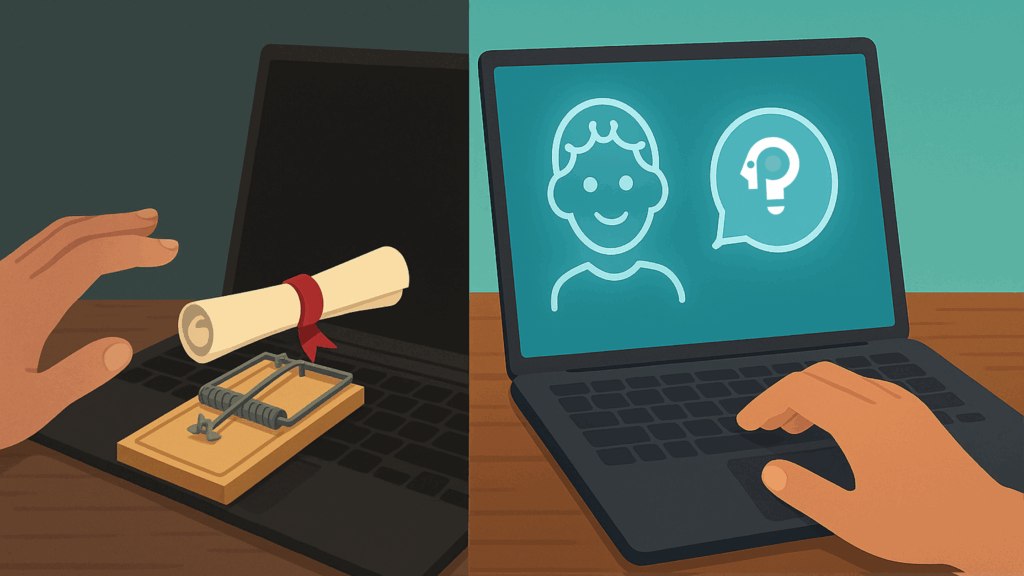 A conceptual illustration contrasting two approaches to academic integrity and AI. The left side depicts a diploma resting on a mousetrap on a laptop, representing the punitive "gotcha" model of AI plagiarism detection. The right side shows a laptop screen with an icon of a person and a question mark, symbolizing a shift to plagiarism prevention and supportive student writing support.