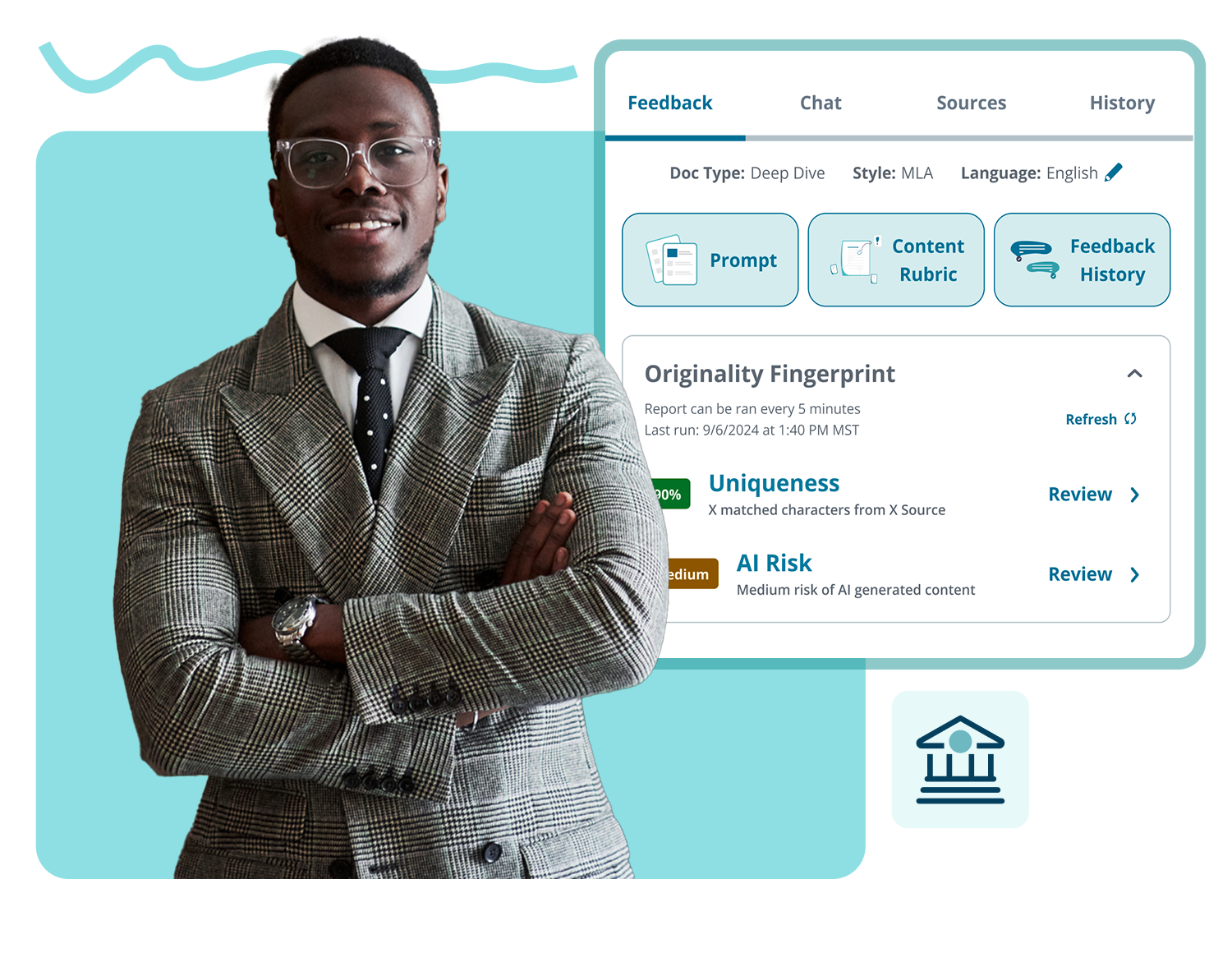 Home-Higher-Ed@2x (1) A professional in a suit, standing next to Packback's Originality Fingerprint and AI Risk detection interface.