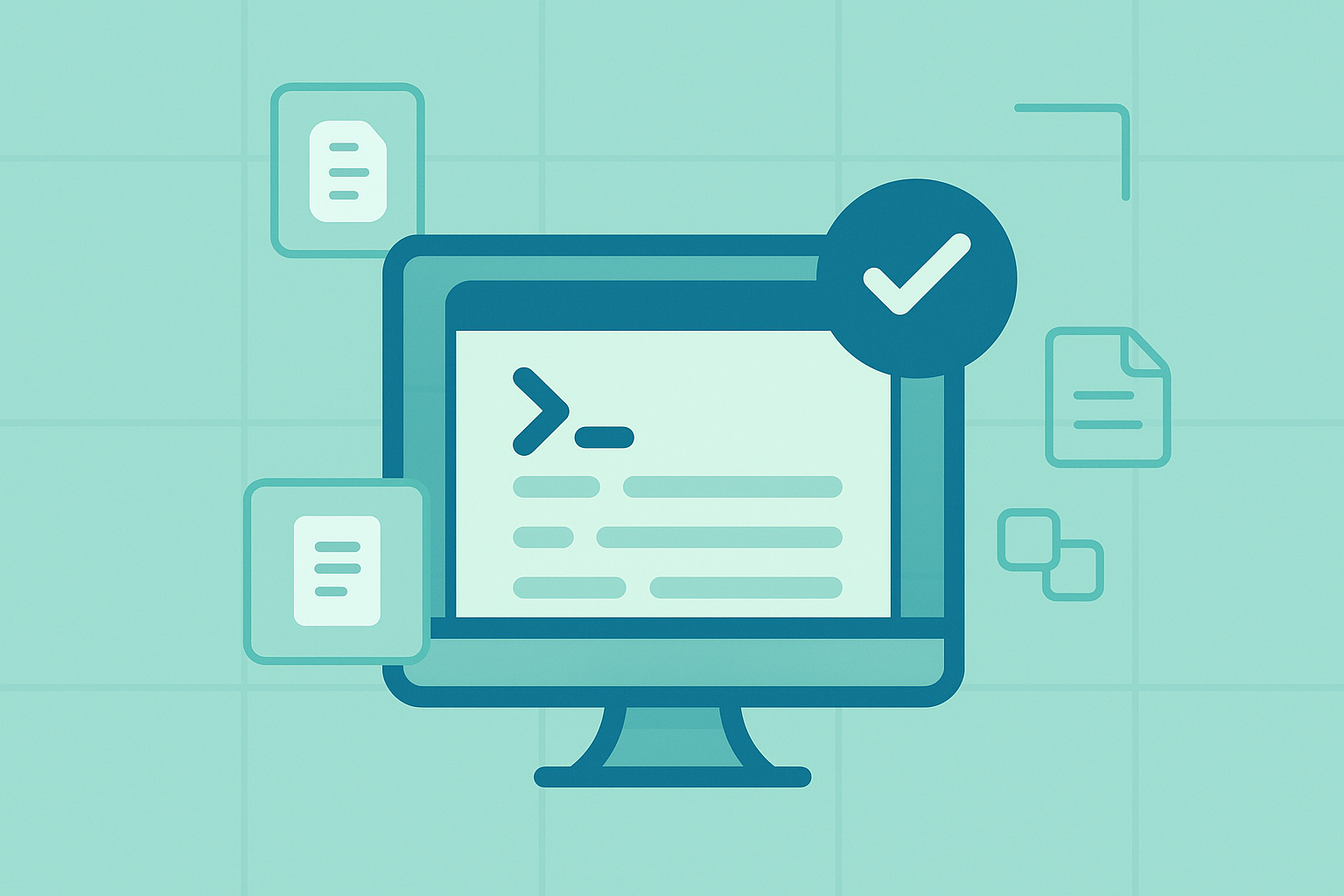 An image of a computer monitor displaying terminal-style code and a large checkmark symbol, surrounded by floating document and folder icons, all set against a light teal grid-patterned background -- communicating successful access to a prompt library.