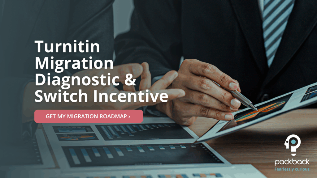 Featured blog image from Packback showing two professionals analyzing data. The main text reads "Turnitin Migration Diagnostic & Switch Incentive" with a button to "Get My Migration Roadmap. There is a Packback logo in the bottom right corner.