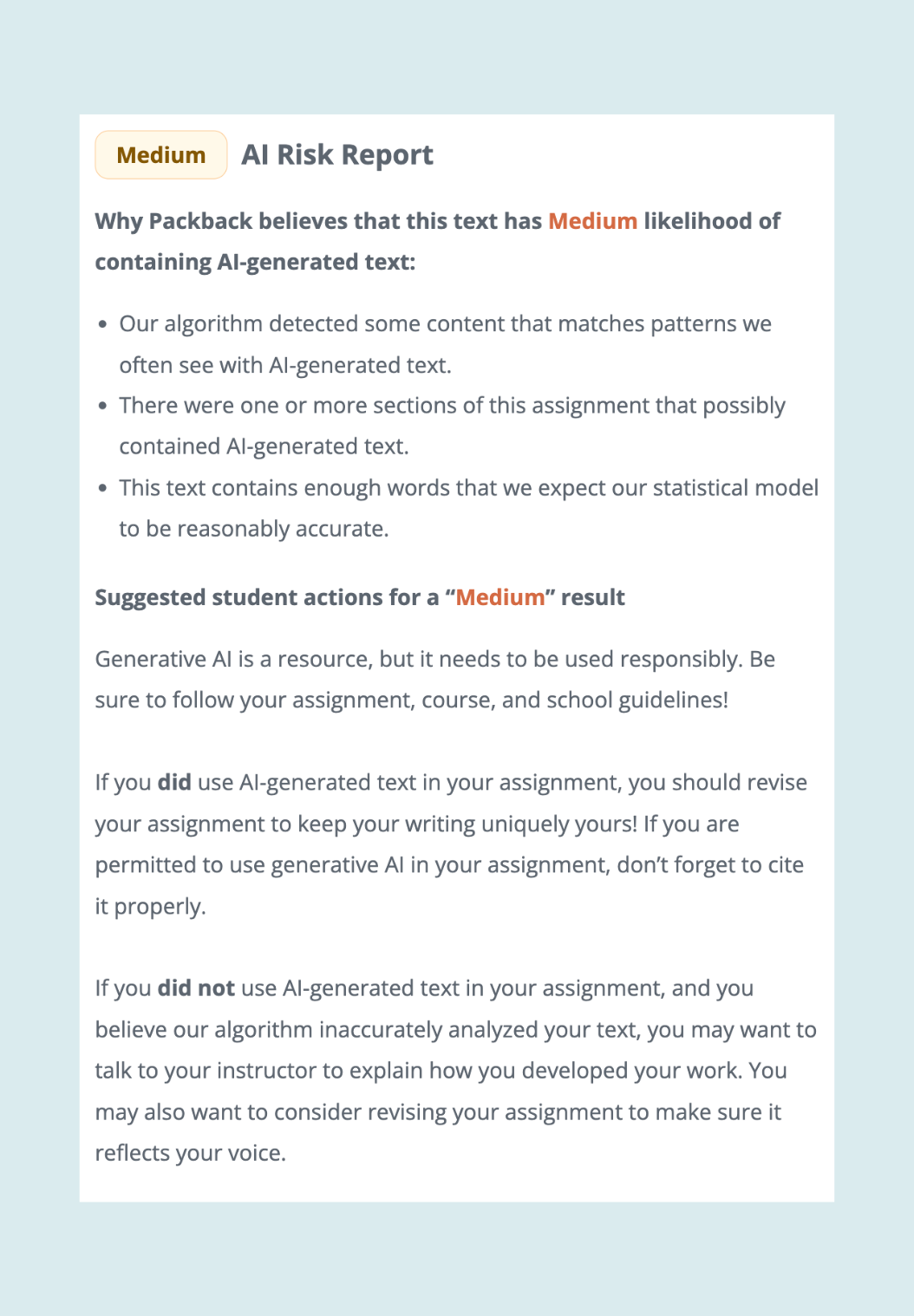 Untitled design (63) Packback's AI Risk Report explaining a 'Medium' likelihood of AI-generated text and suggested student actions.