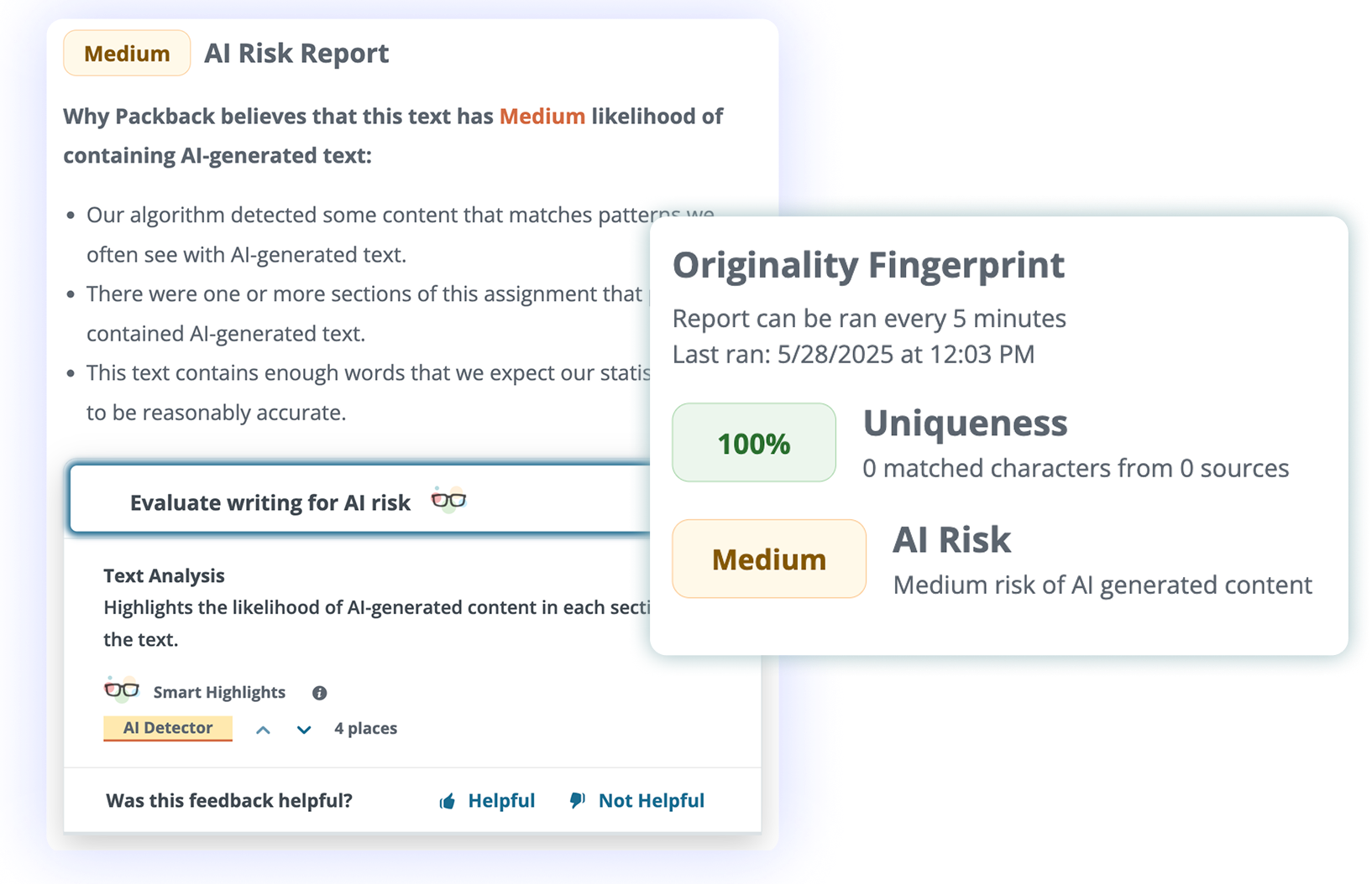 home-hero@2x Screenshot of Packback's AI Risk Report showing 'Medium' likelihood of AI-generated text.