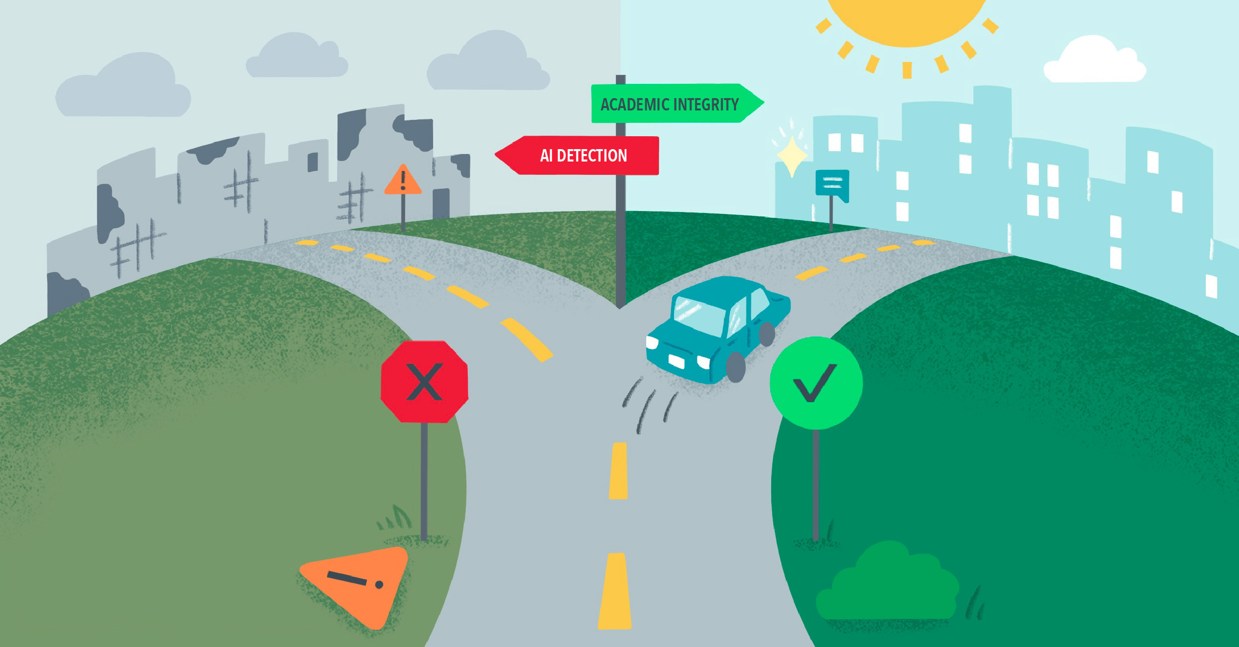 Illustration showing the choice between punitive AI detection and proactive academic integrity through instructional responsible AI in education.