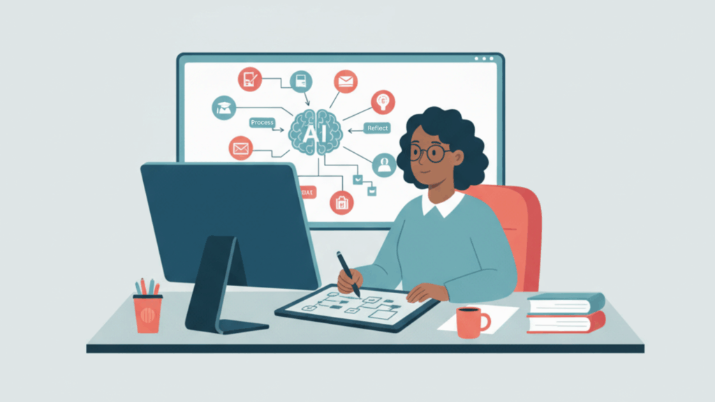 Illustration of an educator sitting at a desk, using a pen tablet and looking at a computer monitor displaying an AI-powered instructional design workflow with nodes for process, reflect, and create, demonstrating harnessing AI in higher education