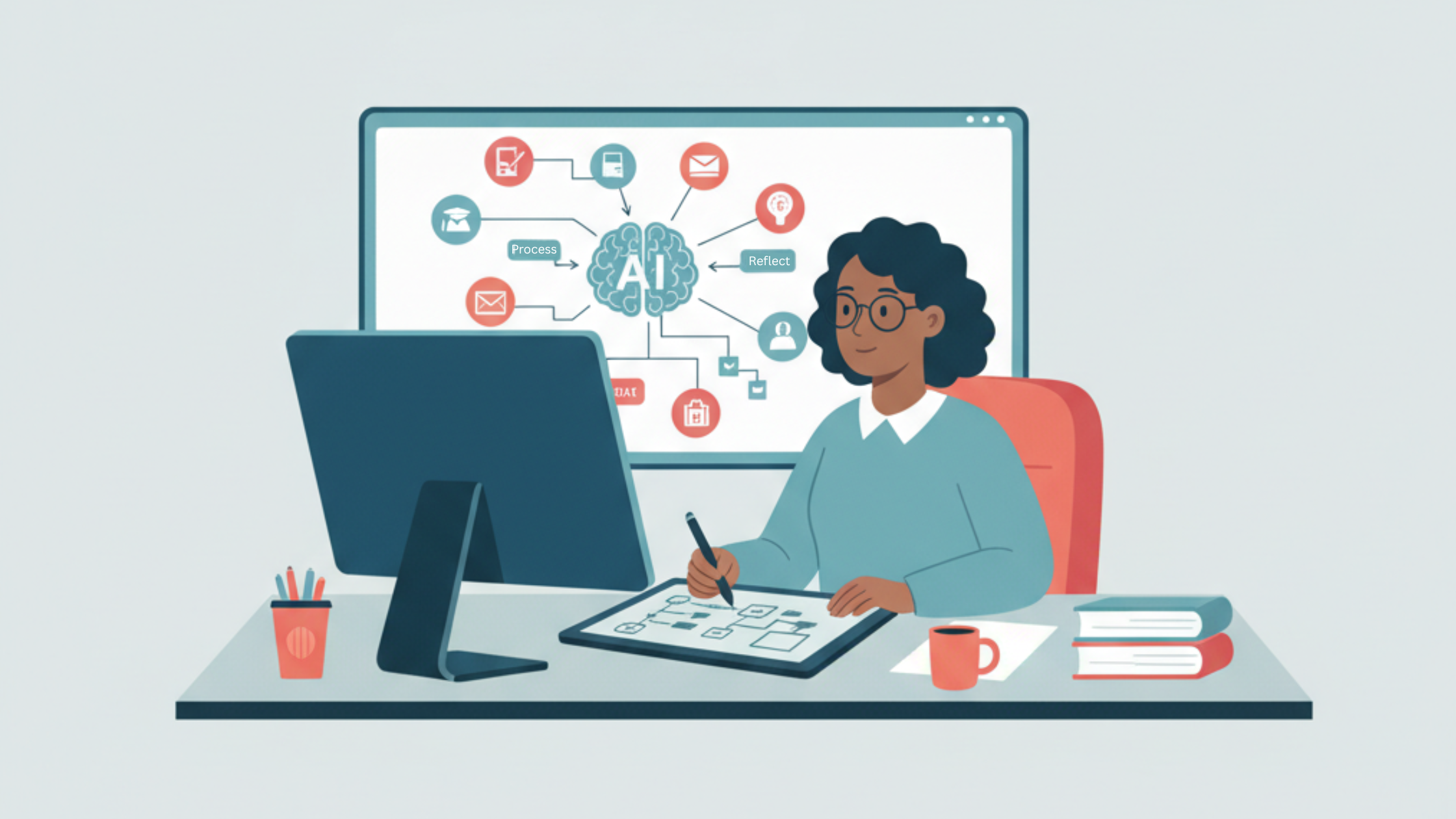 Illustration of an educator sitting at a desk, using a pen tablet and looking at a computer monitor displaying an AI-powered instructional design workflow with nodes for process, reflect, and create, demonstrating harnessing AI in higher education