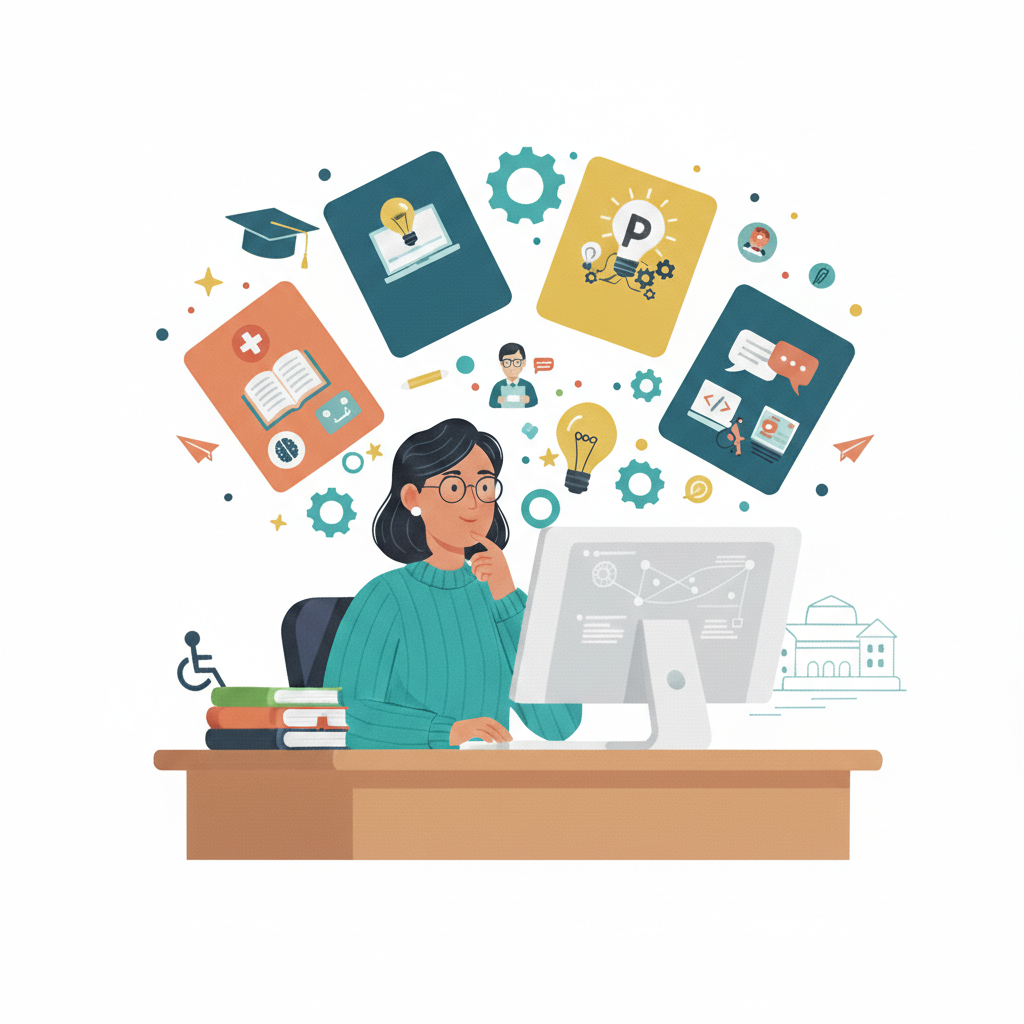 An educator at a computer with cards above their head displaying icons for the educator's responsible AI prompt library, including templates for rubrics, essays, research, and an AI tutor for higher education.