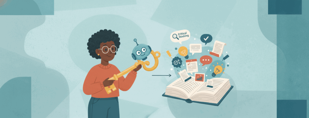 Illustration of an educator holding a key shaped like an AI robot, symbolizing how responsible AI prompts are the key to unlocking critical thinking and deeper learning in education.