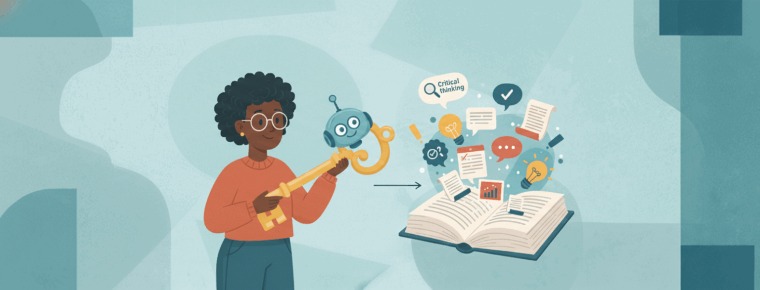 Illustration of an educator holding a key shaped like an AI robot, symbolizing how responsible AI prompts are the key to unlocking critical thinking and deeper learning in education.