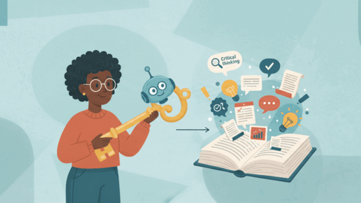 Illustration of an educator holding a key shaped like an AI robot, symbolizing how responsible AI prompts are the key to unlocking critical thinking and deeper learning in education.