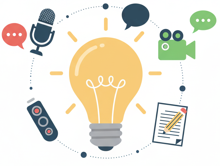 Icon illustration of a large lightbulb surrounded by smaller symbols for microphone (podcast), video camera (video), clipboard, and document (writing), representing how multi-modal assignments foster critical thinking in AI-proof education.