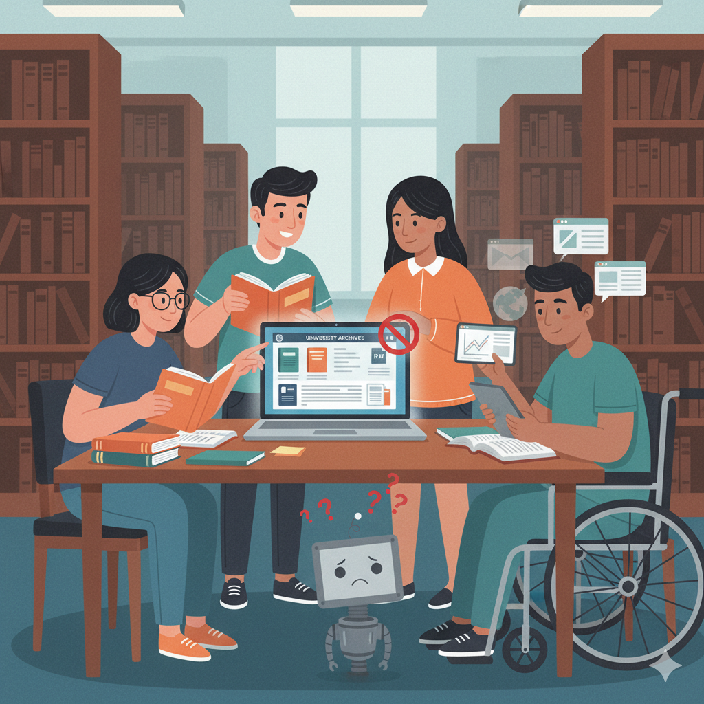  Illustration of diverse students collaborating around a table in a library with laptops, books, and small AI robots assisting, demonstrating positive student collaboration with AI while maintaining academic integrity.