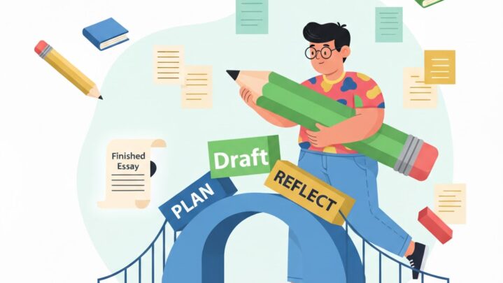 Illustration of a student walking across a bridge representing the self-regulated learning process (Plan, Draft, Reflect) towards a finished essay, with books, papers, and pencils floating around. The student is holding a large pencil, symbolizing active engagement in writing and critical thinking in the age of AI.